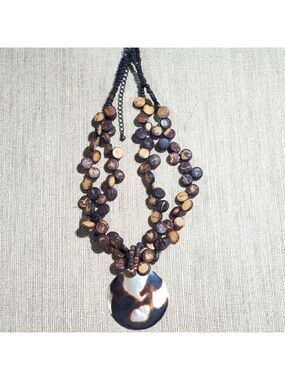 Vtg VJ Abalone statement necklace heishe seed bead wood shell